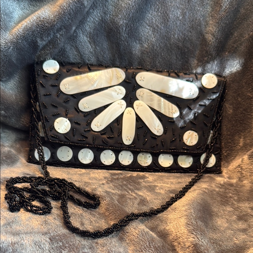 Mad By Design Black Beaded Crossbody Clutch Mother of Pearl Inlay
